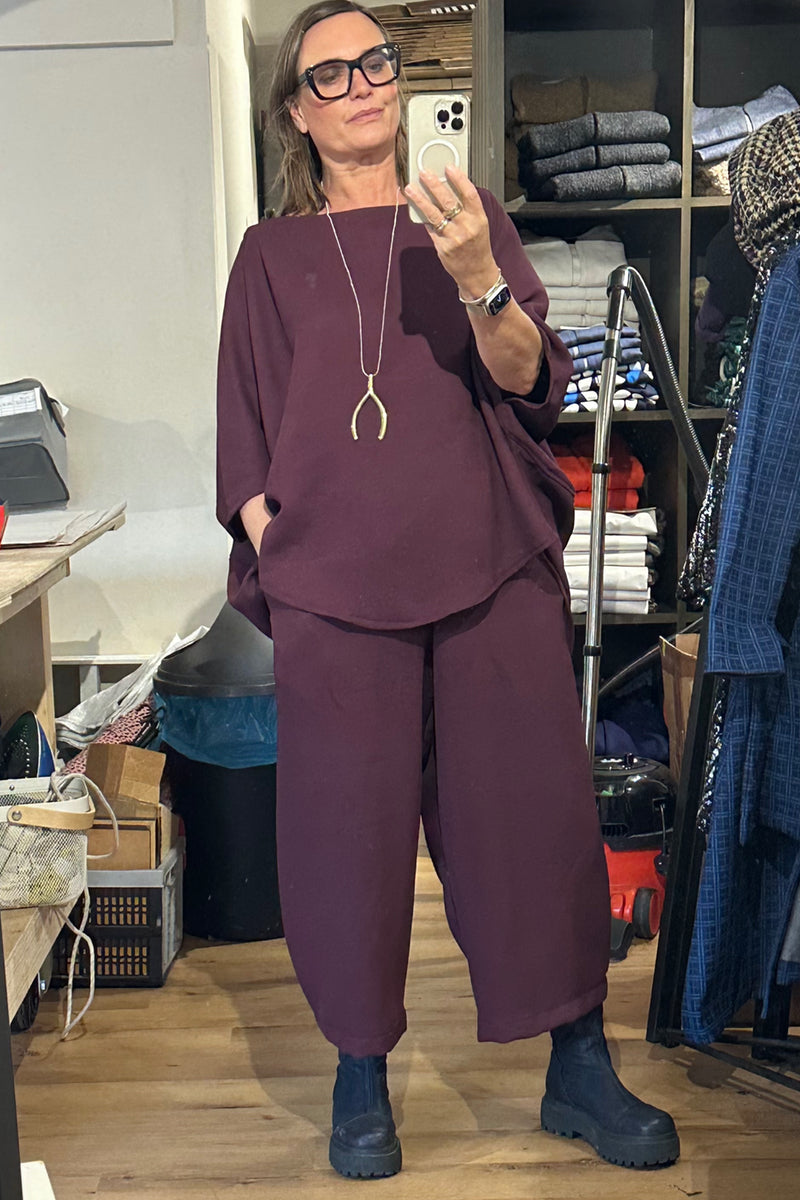 Balloon Loose Fit Curved Bottom Trousers Plum